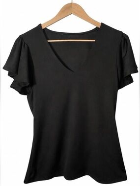 Haute Monde Sculpted Black V-Neck Ruffled Sleeves